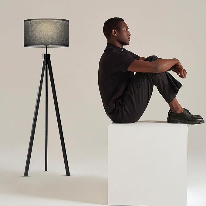 Brightech Eden Tripod LED Floor Lamp – Mid Century Dimmable Modern Light for Contemporary Living Rooms - Tall Free Standing Lamp with Solid Wood Legs for Bedroom, Office - Classic Black - LeafyLoom