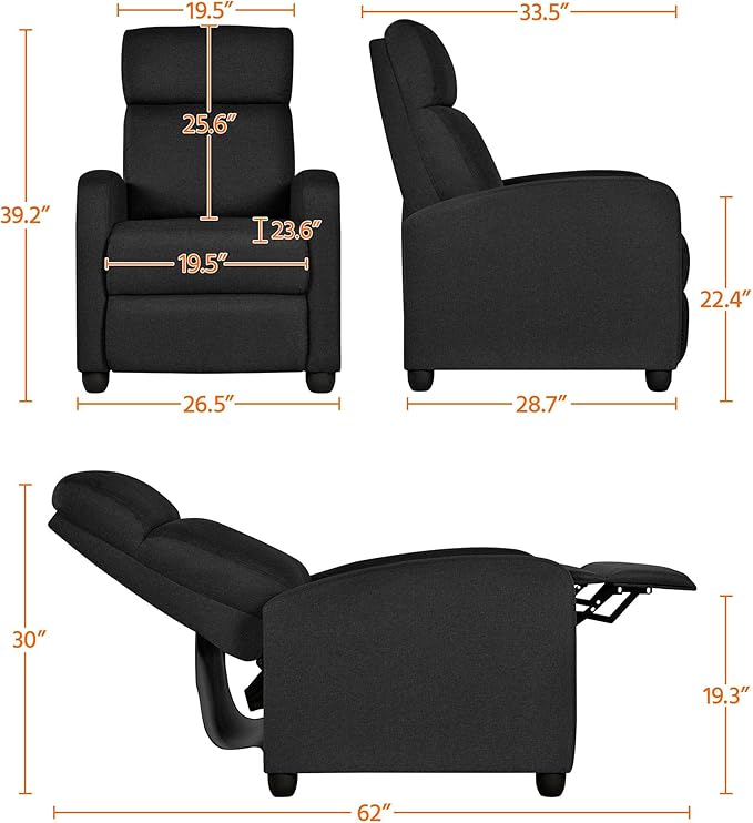 Yaheetech Fabric Recliner Chair Sofa Ergonomic Adjustable Single Sofa with Thicker Seat Cushion Modern Home Theater Seating for Living Room Matte Black - LeafyLoom