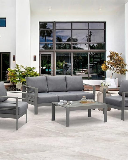 Wisteria Lane Aluminum Outdoor Patio Furniture Set, Modern Patio Conversation Sets, Outdoor Sectional Metal Sofa with 5 Inch Cushion and Coffee Table for Balcony, Garden, Dark Grey - LeafyLoom