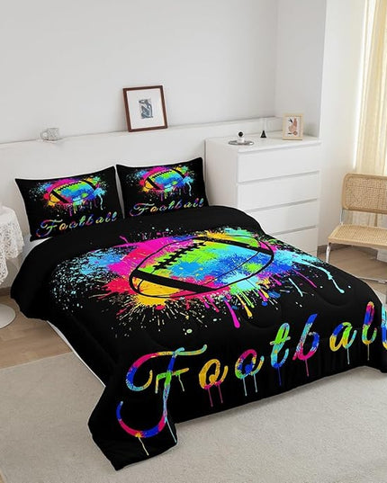 Feelyou Kids Football Comforter Set Queen Size Rugby Sports Game Bedding Set for Boys Girls Teens Bedroom Decor Tie Dye Comforter Women Men Soccer Player Duvet Set with 2 Pillow Case - LeafyLoom