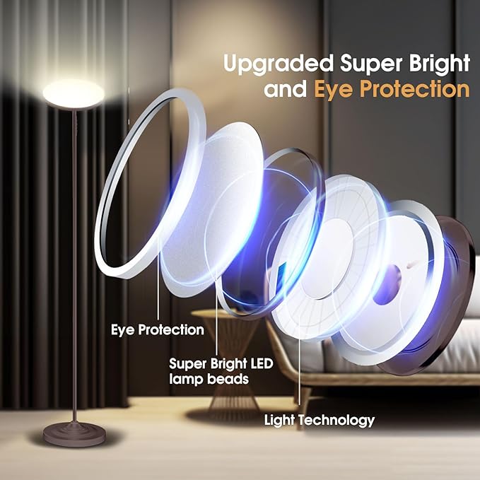 Floor Lamp, 36W/3600LM Super Bright Floor Lamp with Remote Control, Stepless Adjust Color Temperatures & Brightness, Torchiere Standing Lamp for Living Room Bedroom Office - LeafyLoom