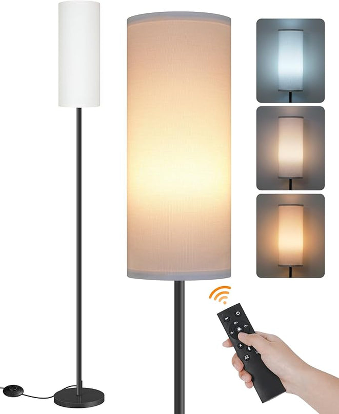 Dimmable Floor Lamp for Living Room, Corner Floor Lamp with Remote, 66'' Standing Tall Lamp, Linen Lampshade, 10W 800LM LED Bulb for Bedroom Study, FCC Listed Black and Pure White CW06LD05 - LeafyLoom