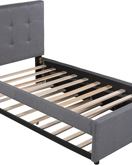 Twin Size Platform Bed, Linen Upholstered Bed Frame with Headboard and Trundle, Wood Slat Support, Gray - LeafyLoom