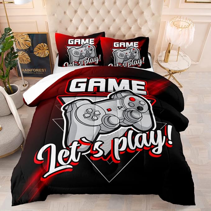 Gamer Bedding Sets for Boys Twin Size Gaming Comforter Sets for Kids Teens Ultra Soft Microfiber Material Duvet Video Game Bedding Sets Comforter and Pillowcase - LeafyLoom