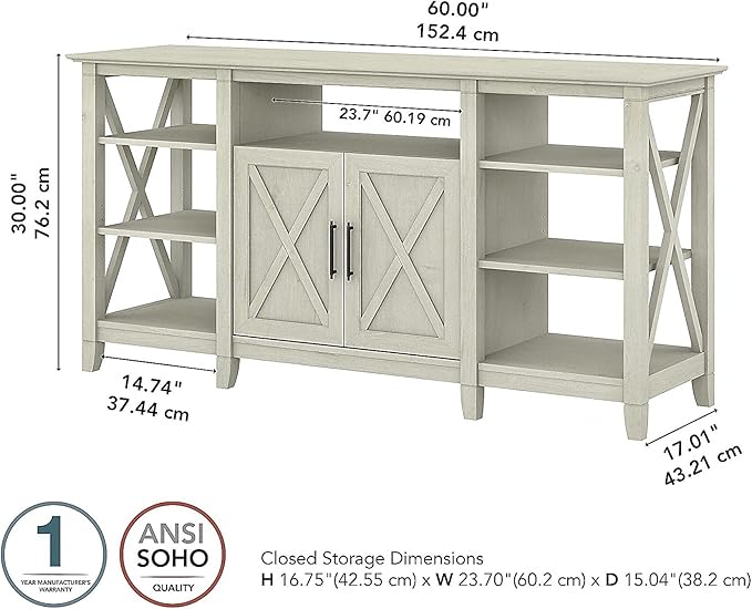 Bush Furniture Key West Tall TV Stand for 65 Inch TV in Linen White Oak, Farmhouse Entertainment Center with Storage - LeafyLoom