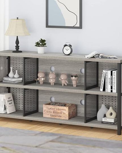LVB Industrial 4 5 6 7 8 Cube Bookcase, Rustic Wood Metal Horizontal Bookshelf, Modern Wide Cube Organizer Storage Shelf, Large Long Low Book Shelf for Office Bedroom Living Room, Light Grey Oak 63 In - LeafyLoom