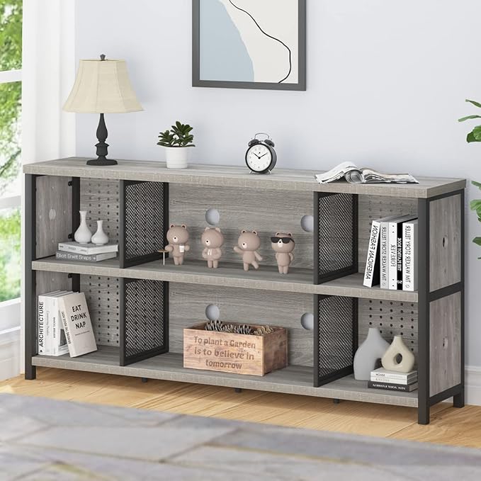 LVB Industrial 4 5 6 7 8 Cube Bookcase, Rustic Wood Metal Horizontal Bookshelf, Modern Wide Cube Organizer Storage Shelf, Large Long Low Book Shelf for Office Bedroom Living Room, Light Grey Oak 63 In - LeafyLoom