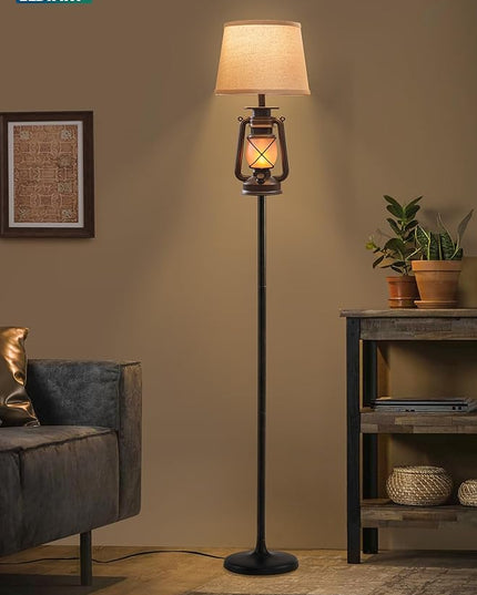 LEDIARY LED Flashing Flame Night Lantern Farmhouse Floor Lamp for Living Room, Rustic Standing Lamp with Beige Linen Drum Lampshade, Lantern Floor Lamps for Bedroom Home Decor - LeafyLoom