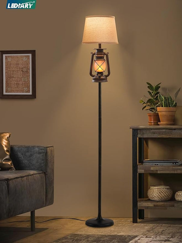 LEDIARY LED Flashing Flame Night Lantern Farmhouse Floor Lamp for Living Room, Rustic Standing Lamp with Beige Linen Drum Lampshade, Lantern Floor Lamps for Bedroom Home Decor - LeafyLoom