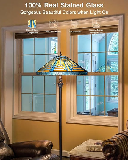 Capulina Tiffany Floor Lamp 2-Light 16X16X63 Inches Blue Amber Mission Antique Style Stained Glass Standing Reading Light for Living Room Bedroom Home Office - LeafyLoom