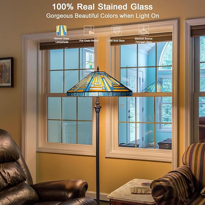 Capulina Tiffany Floor Lamp 2-Light 16X16X63 Inches Blue Amber Mission Antique Style Stained Glass Standing Reading Light for Living Room Bedroom Home Office - LeafyLoom