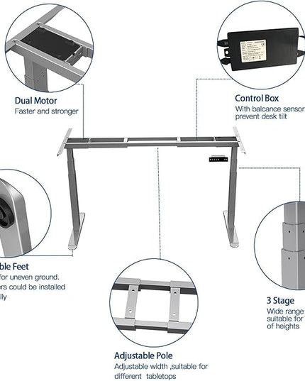 AIMEZO Standing Desk Frame, Dual Motor Electric Height Adjustable Sit Stand Desk Frame with 4 Memory Preset Button, USB Charging Port for Home Office (3 Tier Legs, Gray) - LeafyLoom
