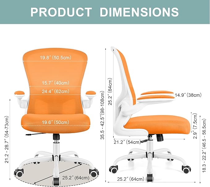 Ergonomic Office Chair, Lumbar Support Desk Chair with Flip-up Armrest and Breathable Mesh, Height Adjustable Swivel Office Chair Orange - LeafyLoom