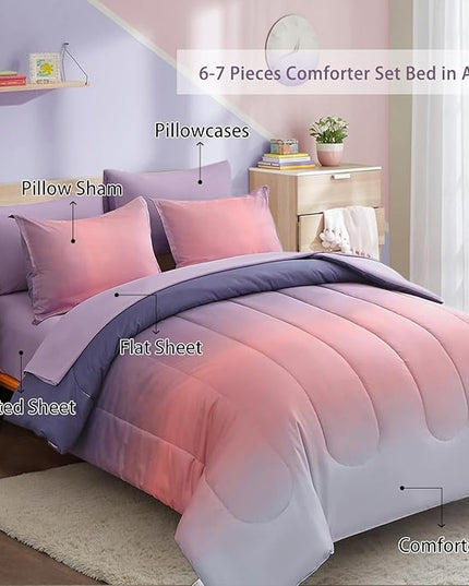 Dinjoy Girls Comforter Set Twin Size Colorful Rainbow Ombre Pink Purple Light Blue Bedding Set Gradient 6 Pieces Bed in A Bag for Kids Teen Women(1 Comforter, 1 Flat Sheet, 1 Fitted Sheet) - LeafyLoom