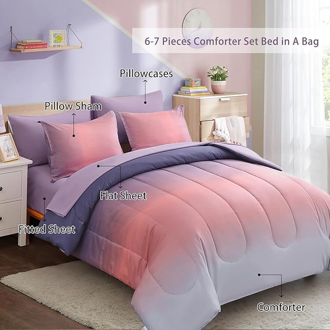 Dinjoy Girls Comforter Set Twin Size Colorful Rainbow Ombre Pink Purple Light Blue Bedding Set Gradient 6 Pieces Bed in A Bag for Kids Teen Women(1 Comforter, 1 Flat Sheet, 1 Fitted Sheet) - LeafyLoom
