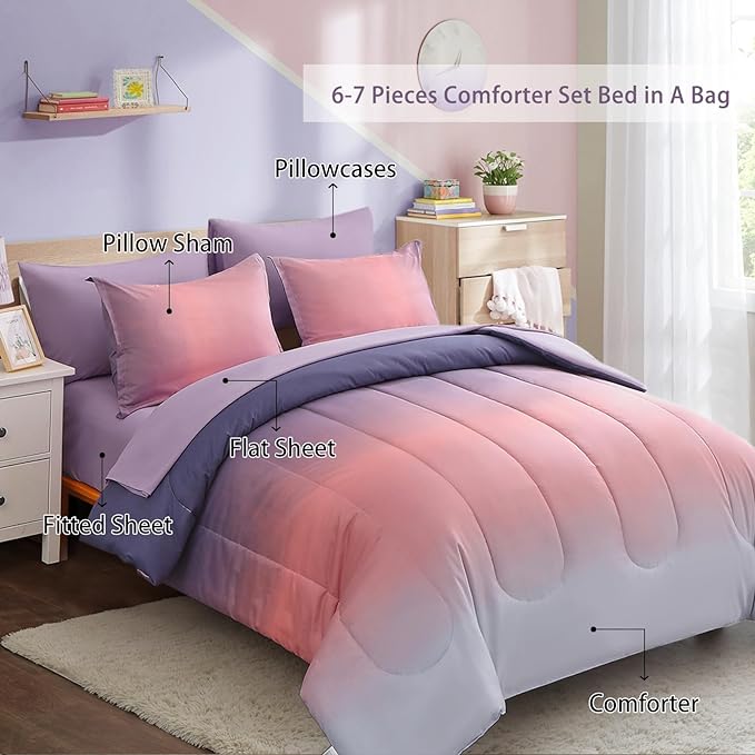 Dinjoy Girls Comforter Set King Size Colorful Rainbow Ombre Pink Purple Light Blue Bedding Set Gradient 7 Pieces Bed in A Bag for Kids Teen Women(1 Comforter, 1 Flat Sheet, 1 Fitted Sheet) - LeafyLoom