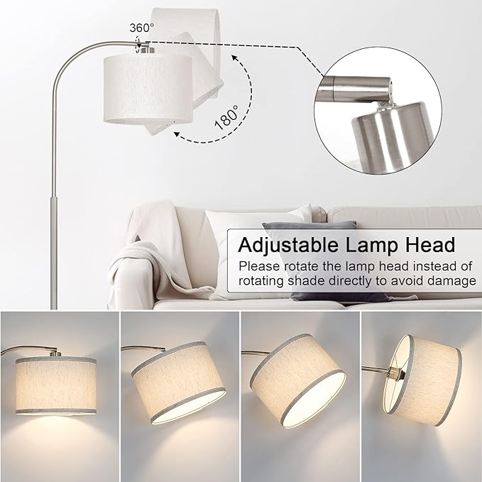 Boncoo Arc Floor Lamp, Dimmable Floor Lamp for Living Room, Silver Modern Standing Lamp with Adjustable Drum Shade, Tall Pole Lamp for Bedroom Study Room Office, 9W 3000K LED Bulb Included - LeafyLoom