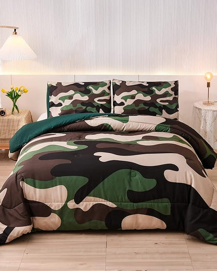 Meeting Story Camouflage Bedding Set, Green Camouflage Comforter Set, 3 PCS One Comforter and Two Pillowases, All Season Soft Bedspread for Teens Adults (Green, Full) - LeafyLoom