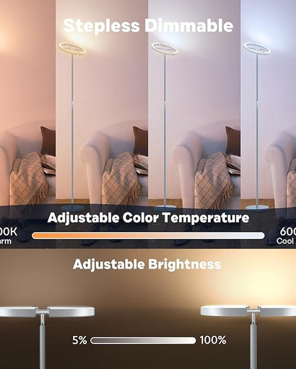 Silver Gray RGBCW Floor Lamp, Bright Color Changing RGB Standing Lamp, Modern Stepless Dimmable LED Tall Lamp with Remote Control, 20W 3000-6000K Floor Lamps for Living Room, Bedroom, Office - LeafyLoom