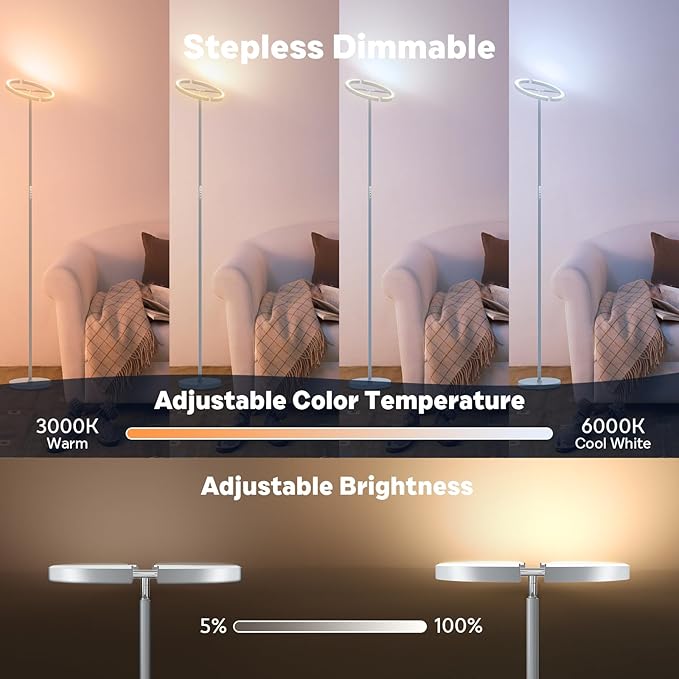 Silver Gray RGBCW Floor Lamp, Bright Color Changing RGB Standing Lamp, Modern Stepless Dimmable LED Tall Lamp with Remote Control, 20W 3000-6000K Floor Lamps for Living Room, Bedroom, Office - LeafyLoom