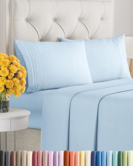 Queen Size 4 Piece Sheet Set - Comfy Breathable & Cooling Sheets - Hotel Luxury Bed Sheets for Women & Men - Deep Pockets, Easy-Fit, Soft & Wrinkle Free Sheets - Light Blue Oeko-Tex Bed Sheet Set - LeafyLoom