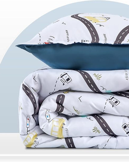 SLEEP ZONE Kids Bedding Full/Queen Comforter Set - Cute Printed for Boys, Girls, Teens, Super Soft, Fade Resistant, Car Road, Full/Queen - LeafyLoom