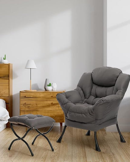 AcozyHom Modern Fabric Lazy Chair and Folding Footrest Stool Set, Accent Comfy Lounge Arm Chair and Ottoman, Leisure Sofa Reading Chair and Metal Cotton Footstool for Living room, Bedroom, Dark Grey - LeafyLoom