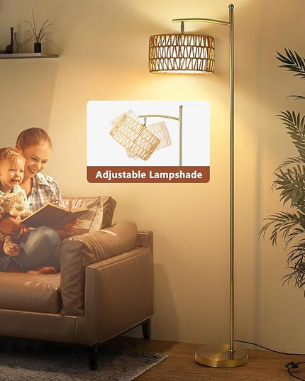 Rattan Floor Lamps for Living Room, Gold Arc Floor Lamp Dimmable with Rattan& Linen Double Shades, Boho Standing Lamp with Remote Control, Tall Lamp for Bedroom, Office - LeafyLoom