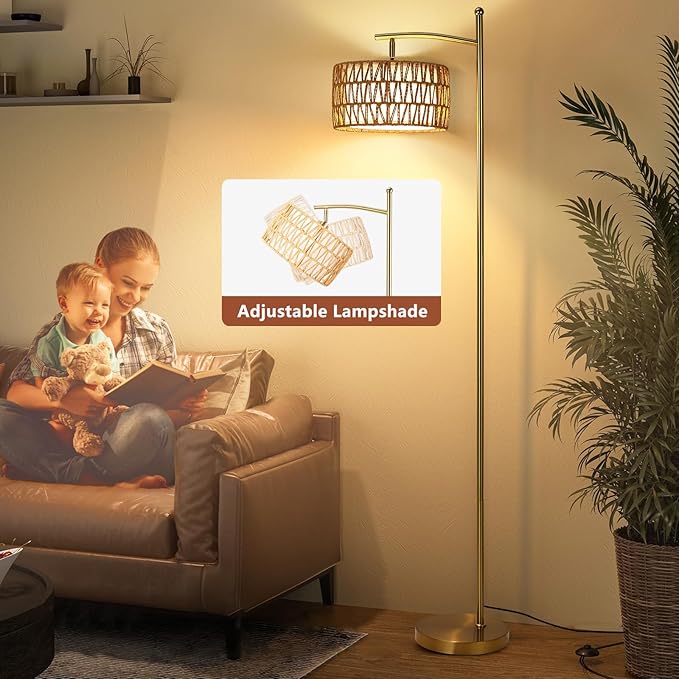 Rattan Floor Lamps for Living Room, Gold Arc Floor Lamp Dimmable with Rattan& Linen Double Shades, Boho Standing Lamp with Remote Control, Tall Lamp for Bedroom, Office - LeafyLoom