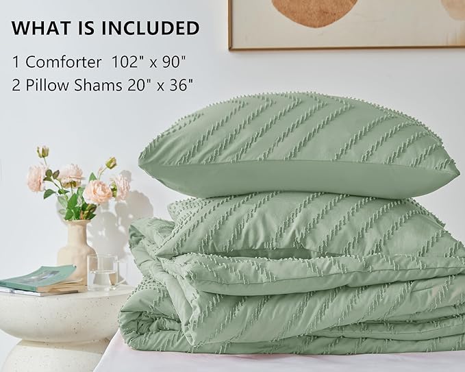 CozyLux King Size Comforter Set Sage Green - 3 Pieces Boho Tufted Shabby Chic Bedding Comforter Set for All Seasons, Chevron Bedding Sets with Comforter & 2 Pillow Shams - LeafyLoom