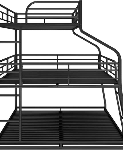 Twin XL/Full XL/Queen Triple Bunk Bed with Long and Short Ladder and Full-Length Guardrails,Metal Bed-Frame for Bedroom/Living Room/Apartment,Guest-Room,Black - LeafyLoom