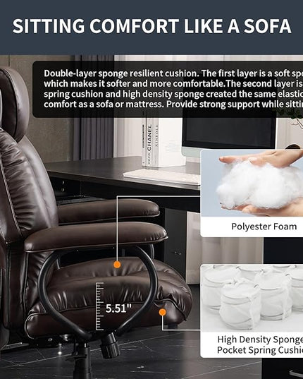 Office Chair Big and Tall, High Back Home Office Chair 400 lbs, Executive Chair, Desk Chair, Ergonomic Office Chair with Padded Armrest, Swivel Computer Chair PU Leather (Dark Brown) - LeafyLoom