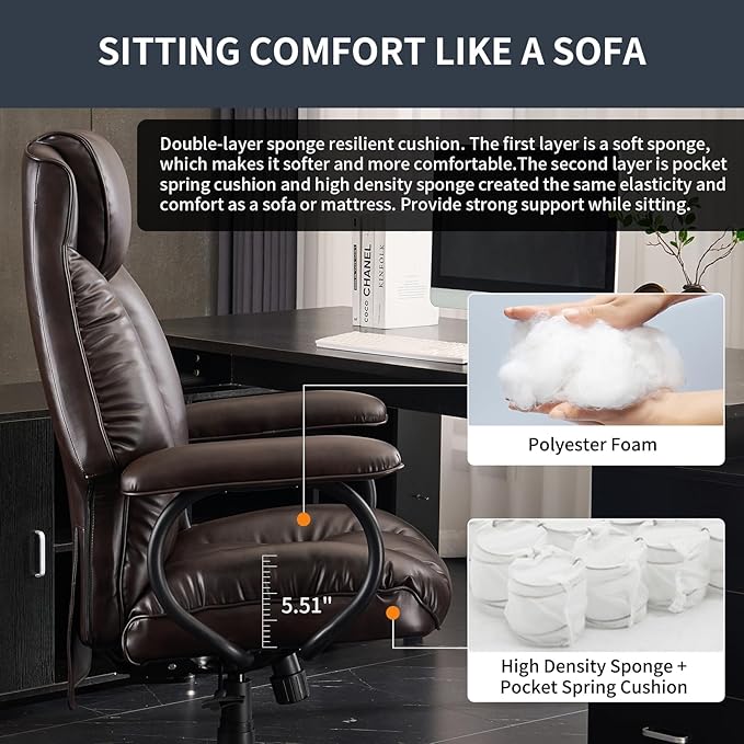 Office Chair Big and Tall, High Back Home Office Chair 400 lbs, Executive Chair, Desk Chair, Ergonomic Office Chair with Padded Armrest, Swivel Computer Chair PU Leather (Dark Brown) - LeafyLoom