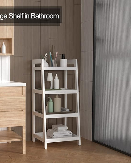 4 Tier Bamboo Bookshelf, Free Standing Ladder Shelf, Storage Shelf Rack for Bathroom, Kitchen, Living Room - White - LeafyLoom