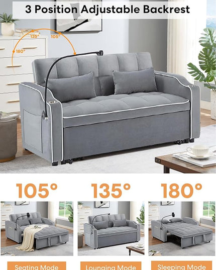 55" Full Size Pull Out Couch, 3 in 1 Convertible Futon Sofa Bed, Velvet Loveseat Sofa Cama, Foldable Lounge Sleeper Sofa with Pullout Bed, Small Couch for Living Room, Type C & USB Port - LeafyLoom
