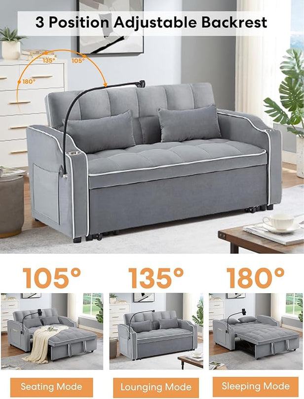 55" Full Size Pull Out Couch, 3 in 1 Convertible Futon Sofa Bed, Velvet Loveseat Sofa Cama, Foldable Lounge Sleeper Sofa with Pullout Bed, Small Couch for Living Room, Type C & USB Port - LeafyLoom