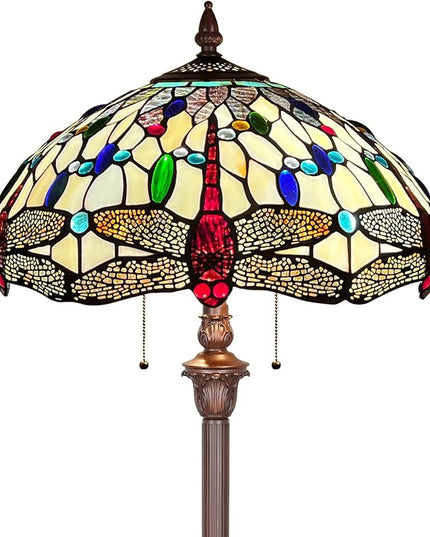 Capulina Tiffany Floor Lamp Cream Dragonfly Antique Style Stained Glass Standing Reading Floor Light 16X16X63 Inches Decor for Living Room Bedroom Home Office - LeafyLoom