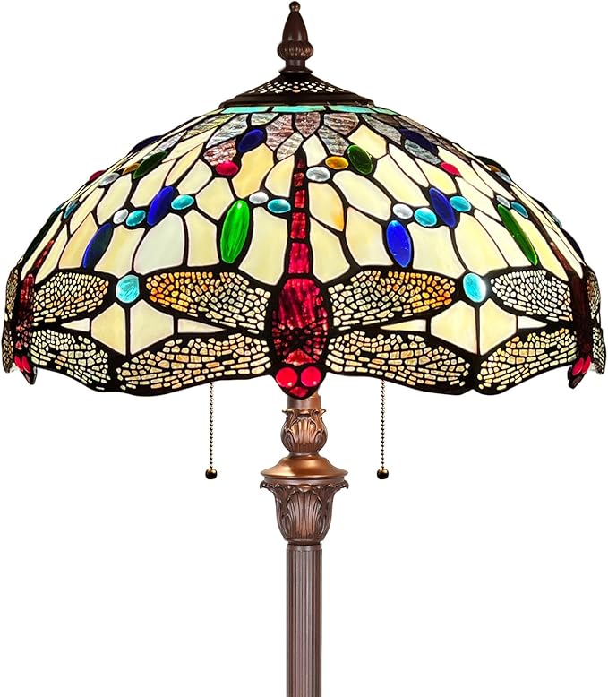 Capulina Tiffany Floor Lamp Cream Dragonfly Antique Style Stained Glass Standing Reading Floor Light 16X16X63 Inches Decor for Living Room Bedroom Home Office - LeafyLoom