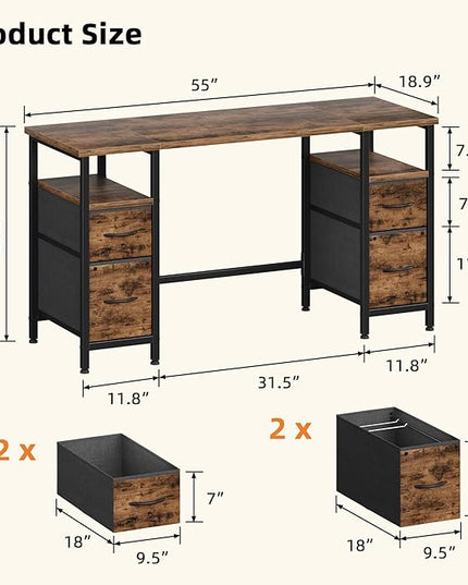 55'' Office Desk with 4 Fabric File Drawers - File Drawer Organization, Computer Work Desk, Study Writing Table, Home Office Workstation, Rustic Brown. - LeafyLoom