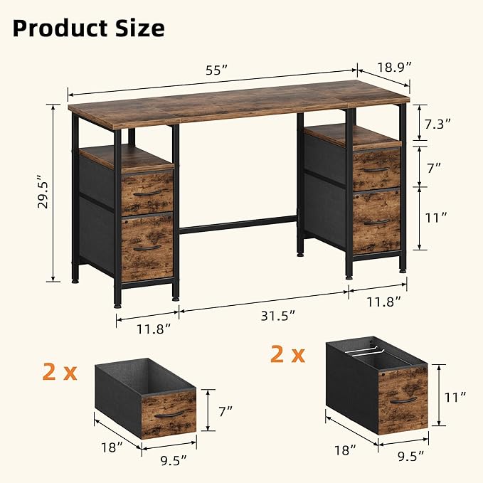 55'' Office Desk with 4 Fabric File Drawers - File Drawer Organization, Computer Work Desk, Study Writing Table, Home Office Workstation, Rustic Brown. - LeafyLoom