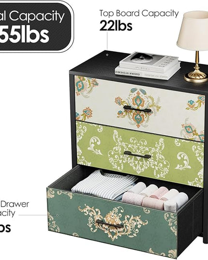 Nightstand, End Table, Bedside Table, Small Tall Boho Dresser for Bedroom with 3 Drawer, Chest of Drawers Fabric Dressers with Wood Top for Closet, Living Room, Retro Flower - LeafyLoom