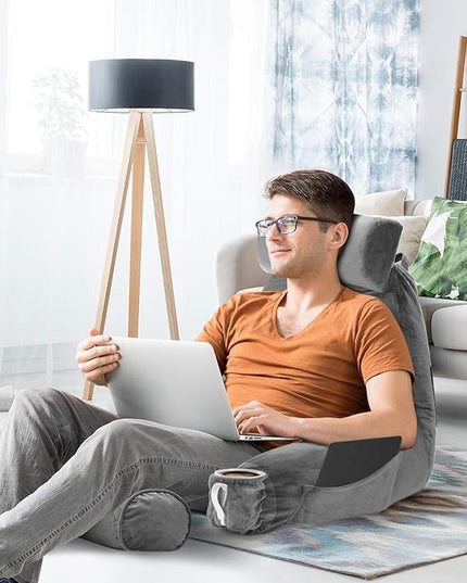 Clara Clark Reading Pillow, Large Back Pillow for Sitting Up in Bed, Memory Foam Back Support Pillow, Reading Pillows for Sitting in Bed Adult, Grey Sit Up Pillow for Bed Chair with Arms and Pockets - LeafyLoom