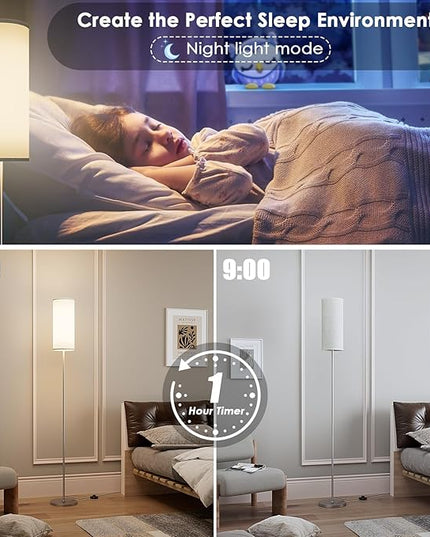 Floor Lamp for Living Room, Modern Standing lamp with Remote Control, Stepless Dimmable 12W Bulb & Beige Lampshade Included, Brushed Nickel Pole Tall Floor Lamp for Bedroom Office - LeafyLoom