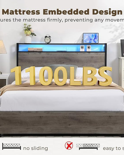 LED Full Bed Frame with 4 Storage Drawers & Charging Station, Platform Metal Bed Frame with Headboard, Noise-Free, No Box Spring Needed, Ancient gray - LeafyLoom