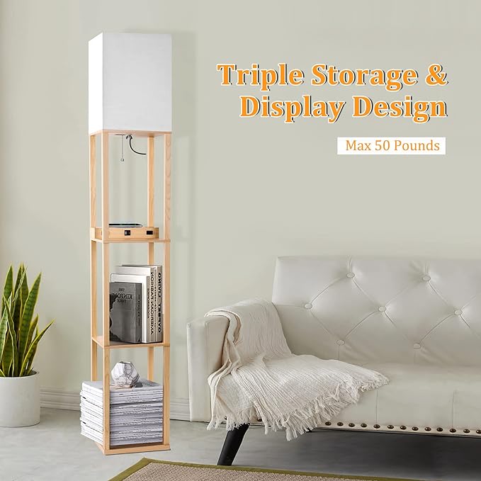 Dott Arts Floor Lamp with Shelves, Shelf Lamp with Wireless Charger & USB A+C Ports & 2 AC Outlets,3 Color Temperature Corner Tall Standing Floor Lamps for Living Room, Bedroom, Office (Burlywood) - LeafyLoom