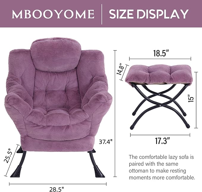 Lazy Chair with Ottoman, Modern Accent Chair Contemporary Lounge Leisure Upholstered Sofa Chair Set with Armrests, Reading Chair for Living Room, Bedroom, Office, Plush Purple - LeafyLoom