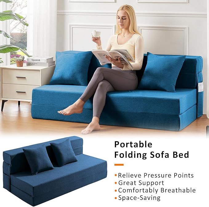 Queen Size Folding Sofa Bed - 4 in 1 Futon Chair with Two Pillows - High Density Memory Foam Foldable Couch with Washable Modern Linen Cover for Home Office (Blue) - LeafyLoom