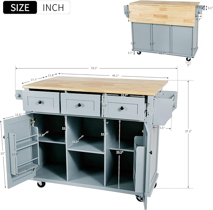 Kitchen Island with Drop-Leaf Countertop, Kitchen-Cart on Five Universal Wheels w/Open Shelves, Storage Cabinet and Three Drawers, Large Rubberwood Top Breakfast Bar for Dining Room - LeafyLoom