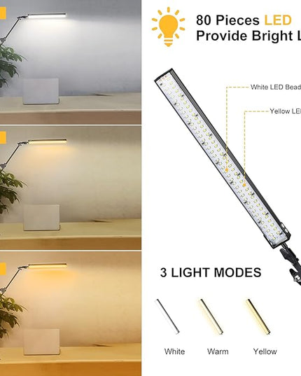 Desk Lamps for Home Office, 2-in-1 LED Desk Lamp, 3-Section Long Arm Desk Light with Clamp and Base, Adjustable Table Lamp with 3 Colors Modes, 10 Dimmer Levels and Memory Function - LeafyLoom