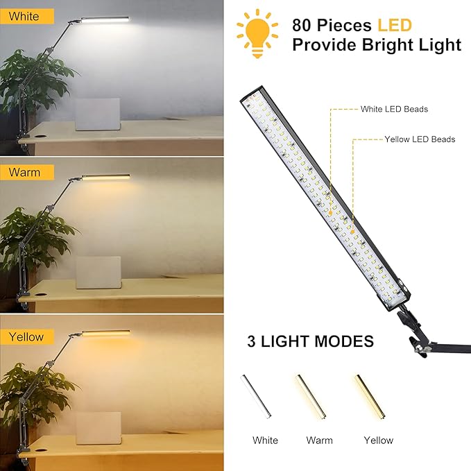 Desk Lamps for Home Office, 2-in-1 LED Desk Lamp, 3-Section Long Arm Desk Light with Clamp and Base, Adjustable Table Lamp with 3 Colors Modes, 10 Dimmer Levels and Memory Function - LeafyLoom